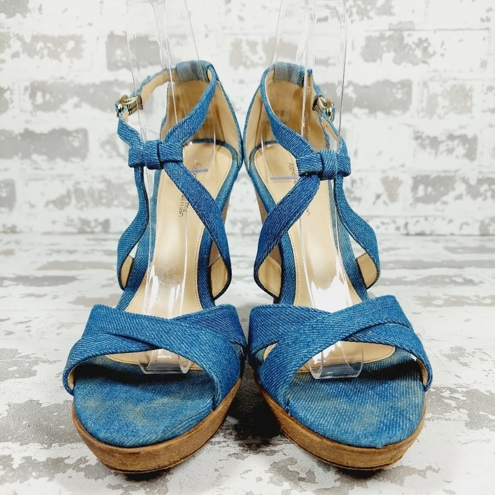Alexandre Birman Denim Fabric Wedge Slip On Buckle Ankle Strap Sandals O135